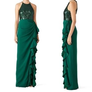 Badgley Mischka Ruffle Maxi Dress Women's 2 Emerald Green Gown Dress